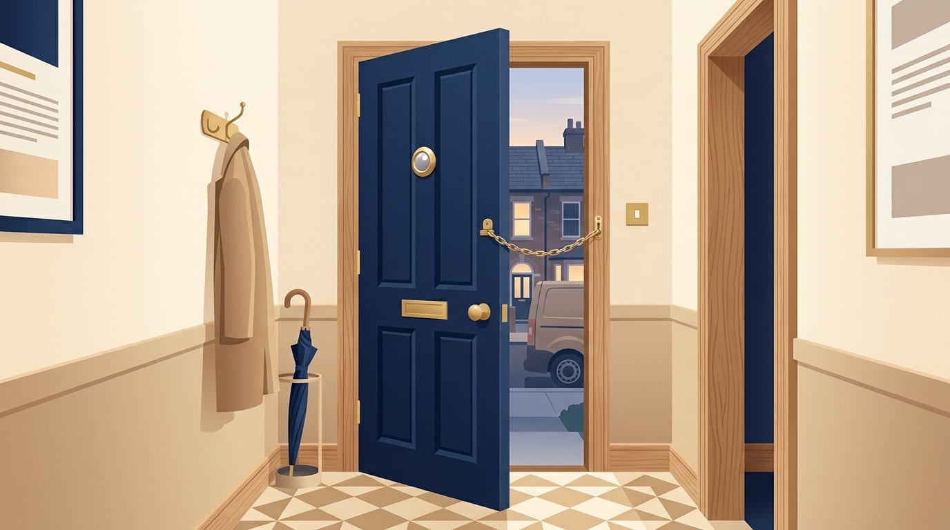 Illustration of a front door held open on a door chain