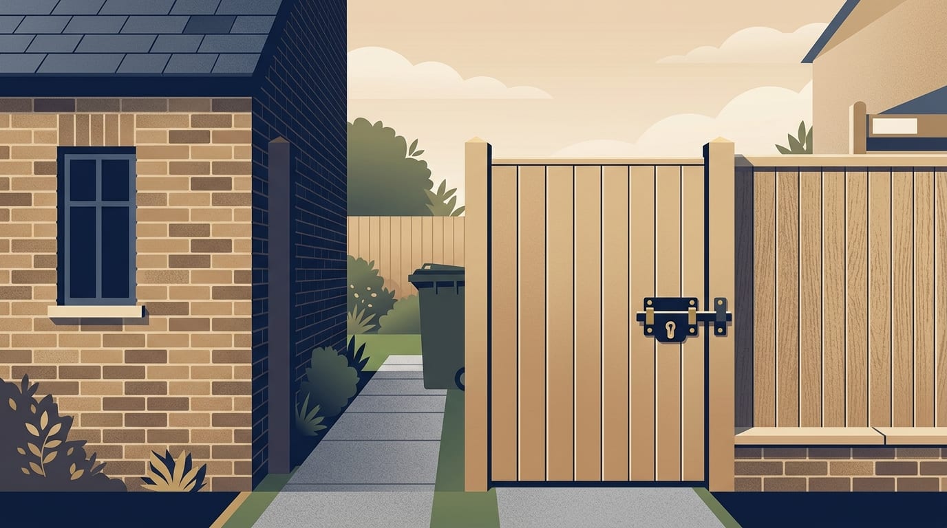 Illustration of a locked timber side gate beside a house