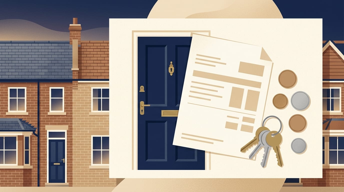 Illustration of a front door with a brass lock