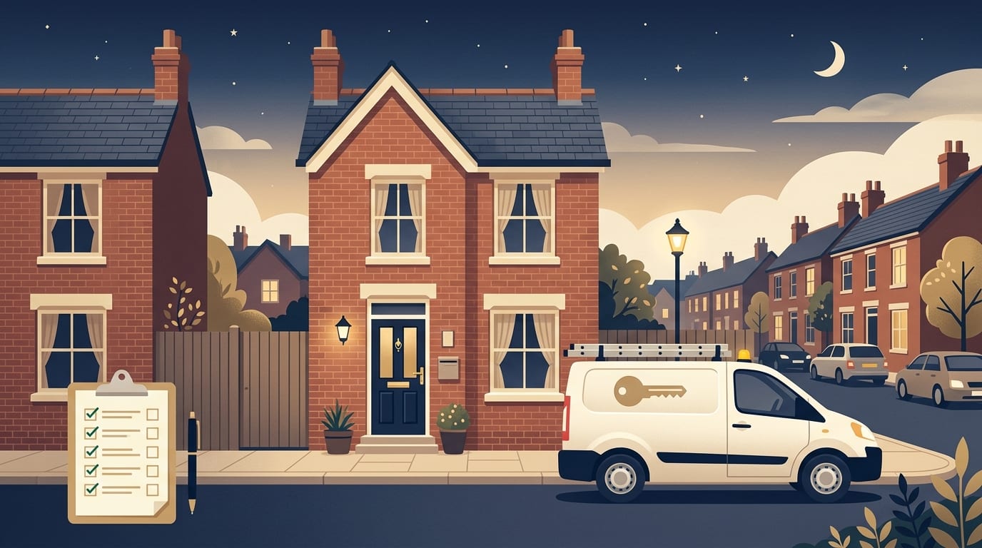 Illustration of a terraced street with a marked locksmith van parked outside a house