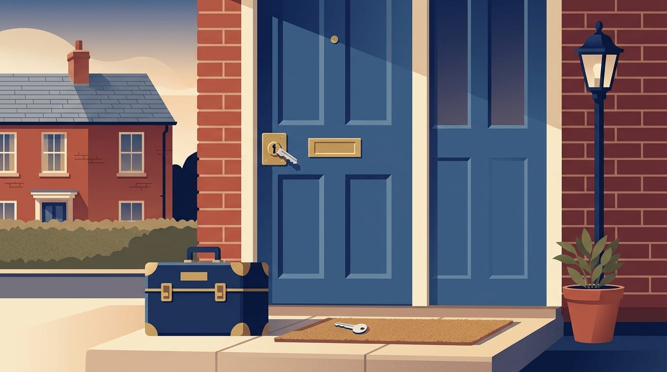 Illustration of a door lock with a snapped key and the broken half on the doormat