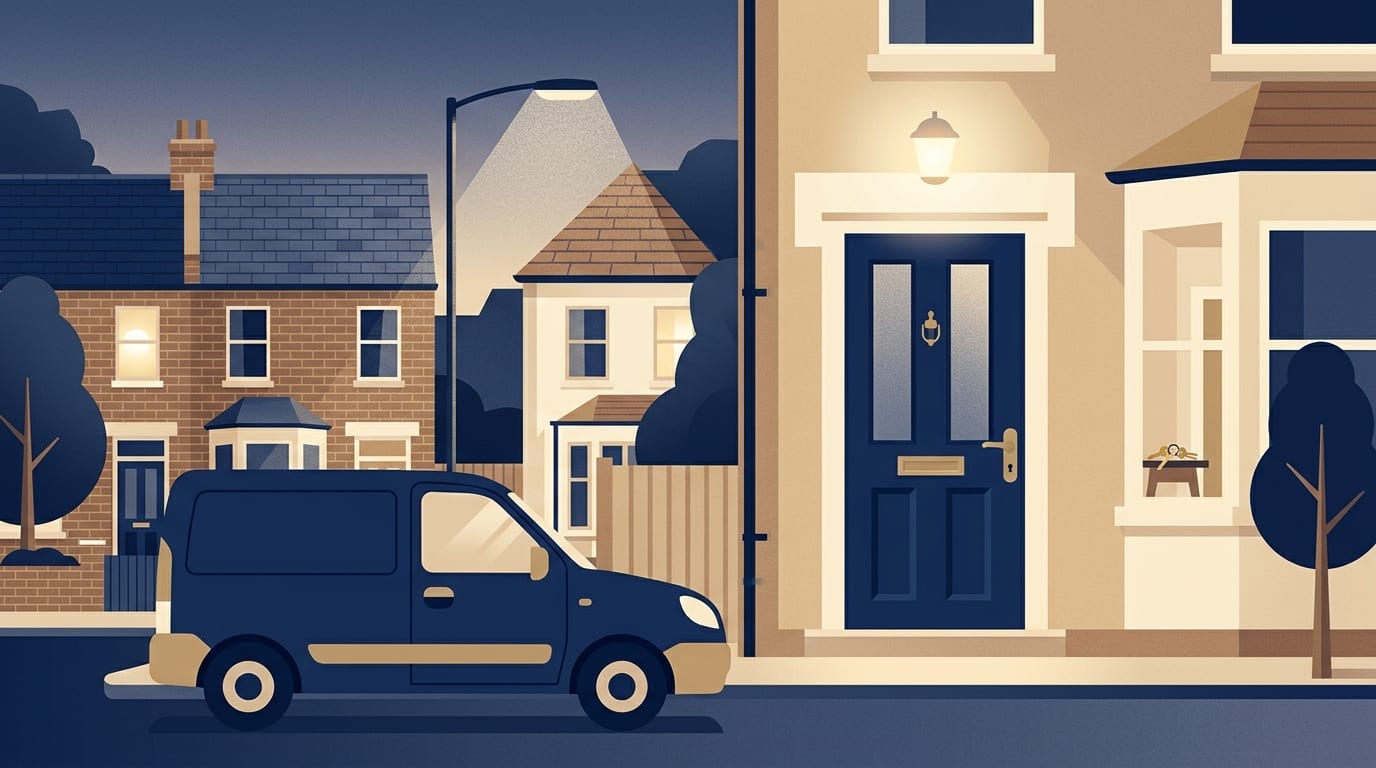 Illustration of a closed front door at night under a porch light