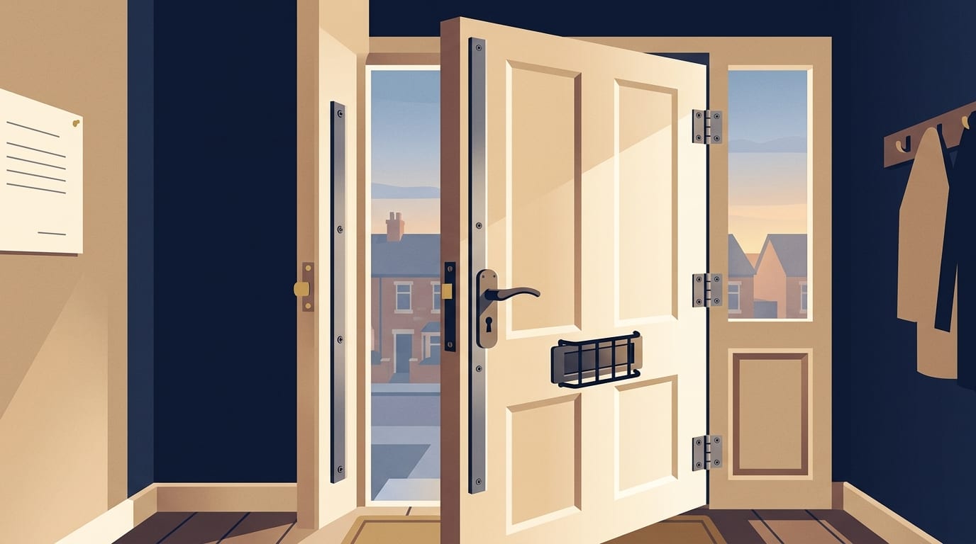 Illustration of a timber front door reinforced with steel bars and a letterbox guard