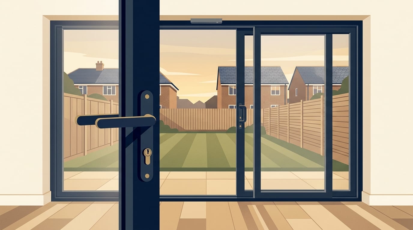 Illustration of a sliding glass patio door and its lock