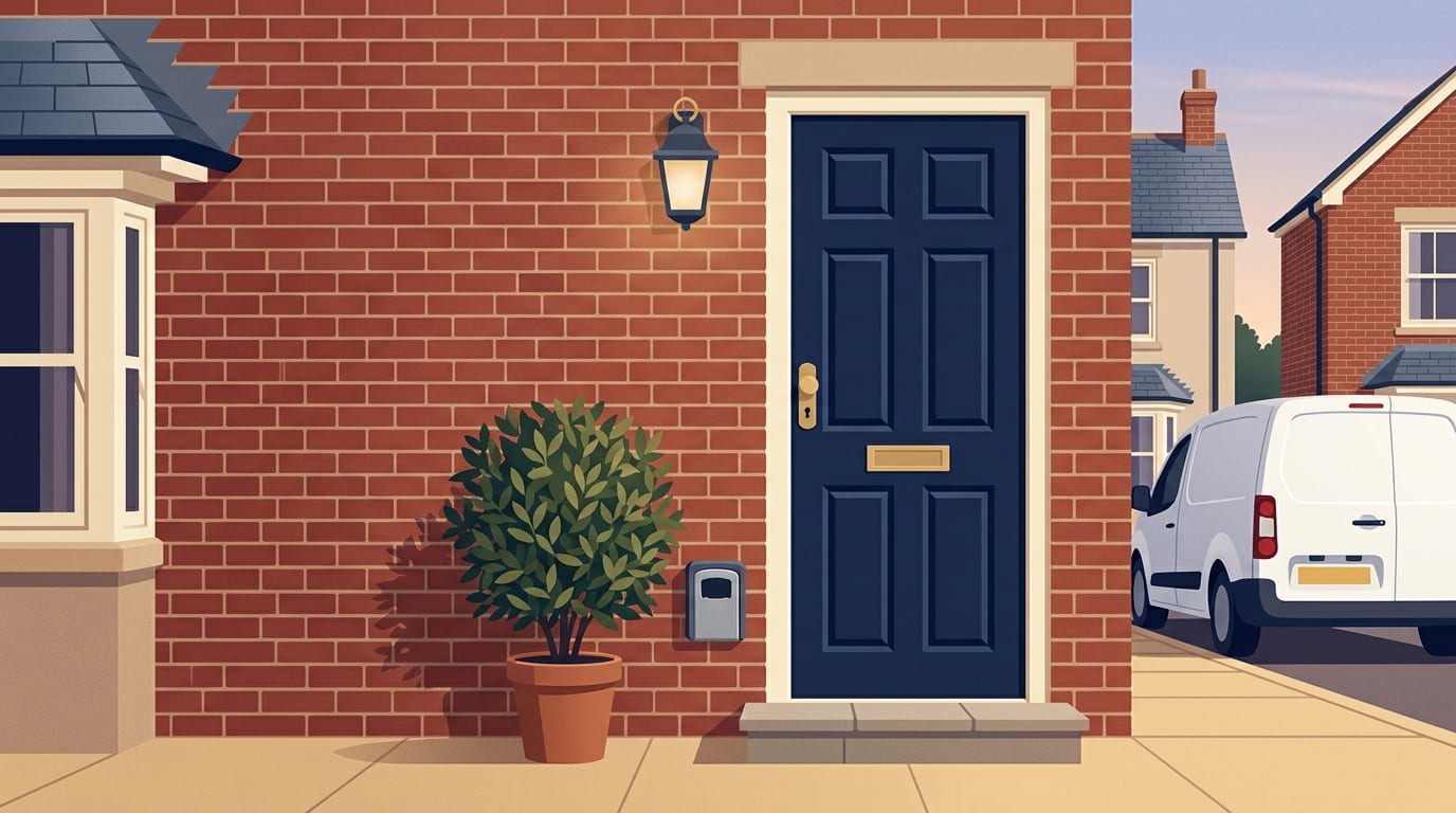 Illustration of a key safe fixed to a brick wall beside a front door