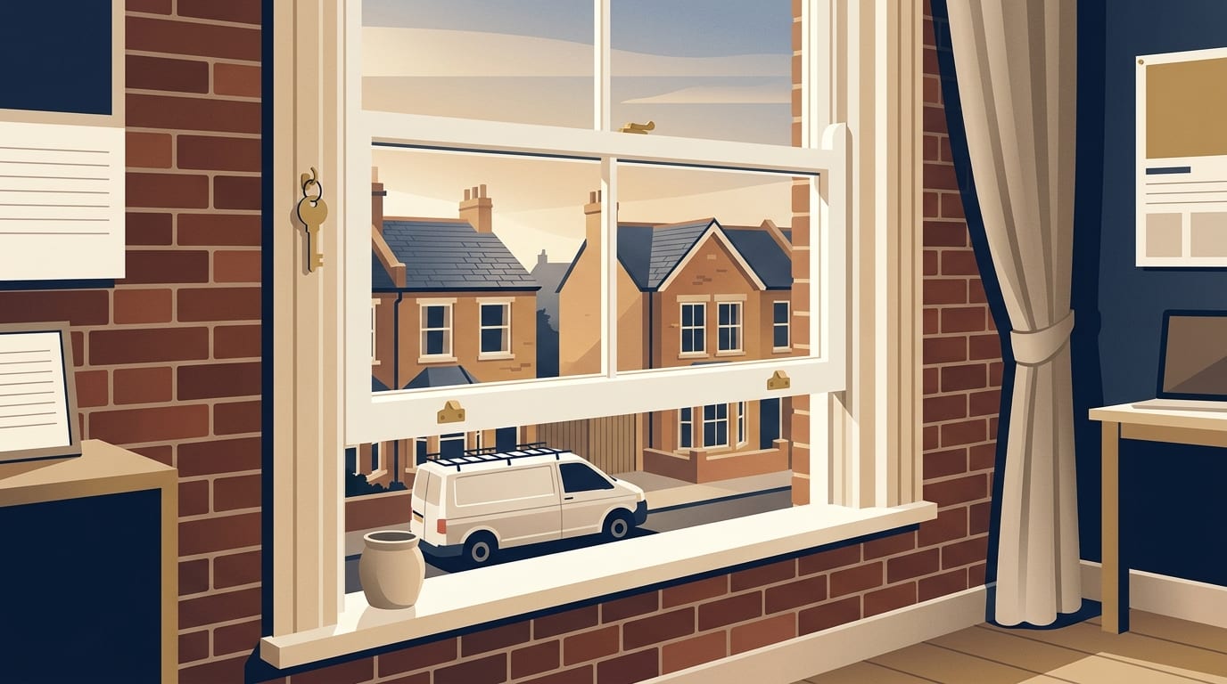 Illustration of a timber sash window with brass sash stops and locks