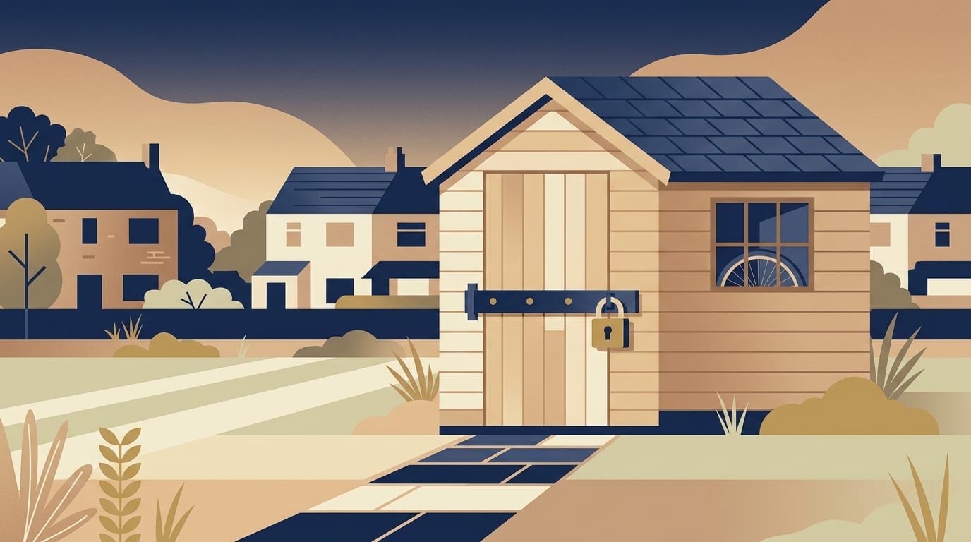 Illustration of a garden shed secured with a padbar and padlock