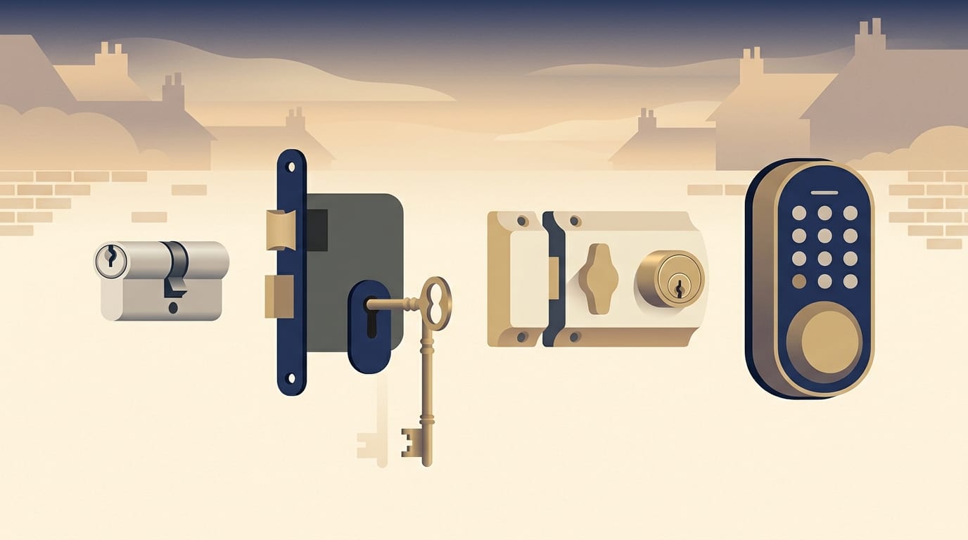 Illustration of four types of front door lock side by side