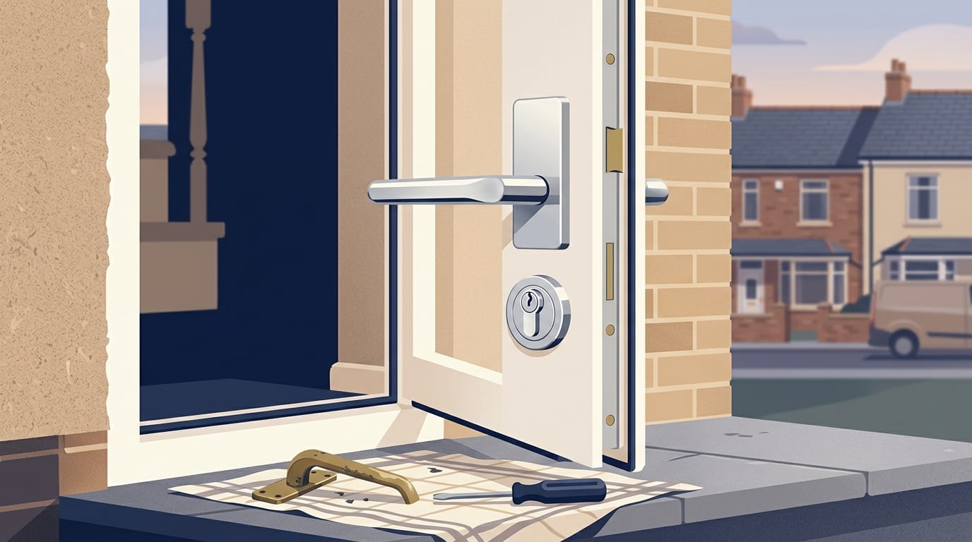 Illustration of a new handle fitted to a uPVC front door