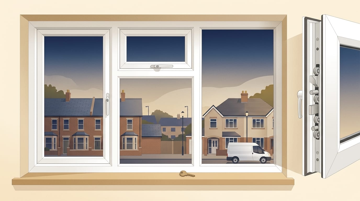 Illustration of a white uPVC window with a locking handle