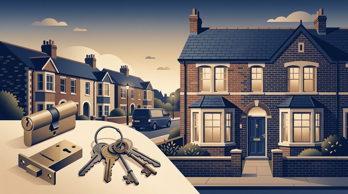 Illustration of a new door cylinder and a mortice lock beside a bunch of keys