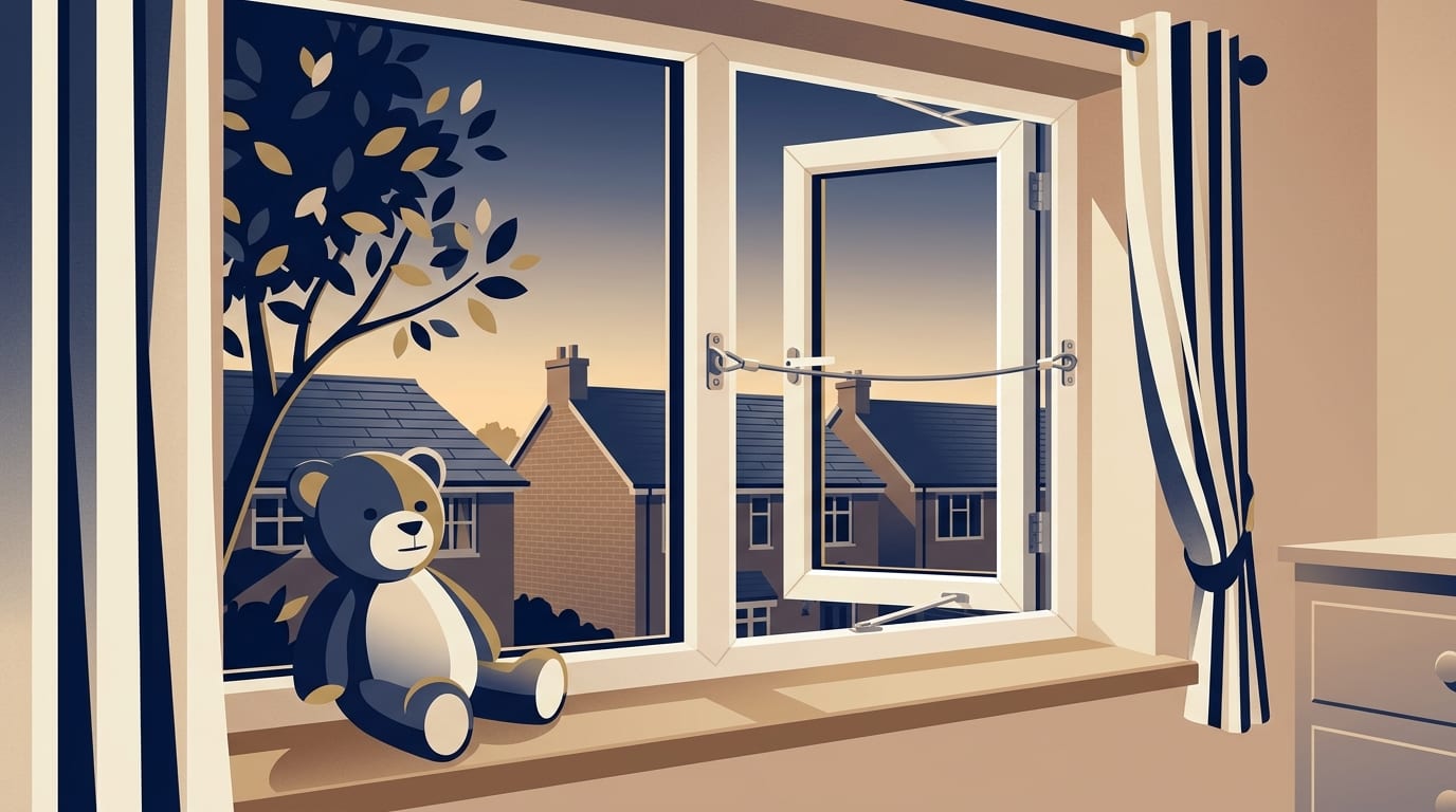Illustration of an upstairs window held slightly open by a cable restrictor